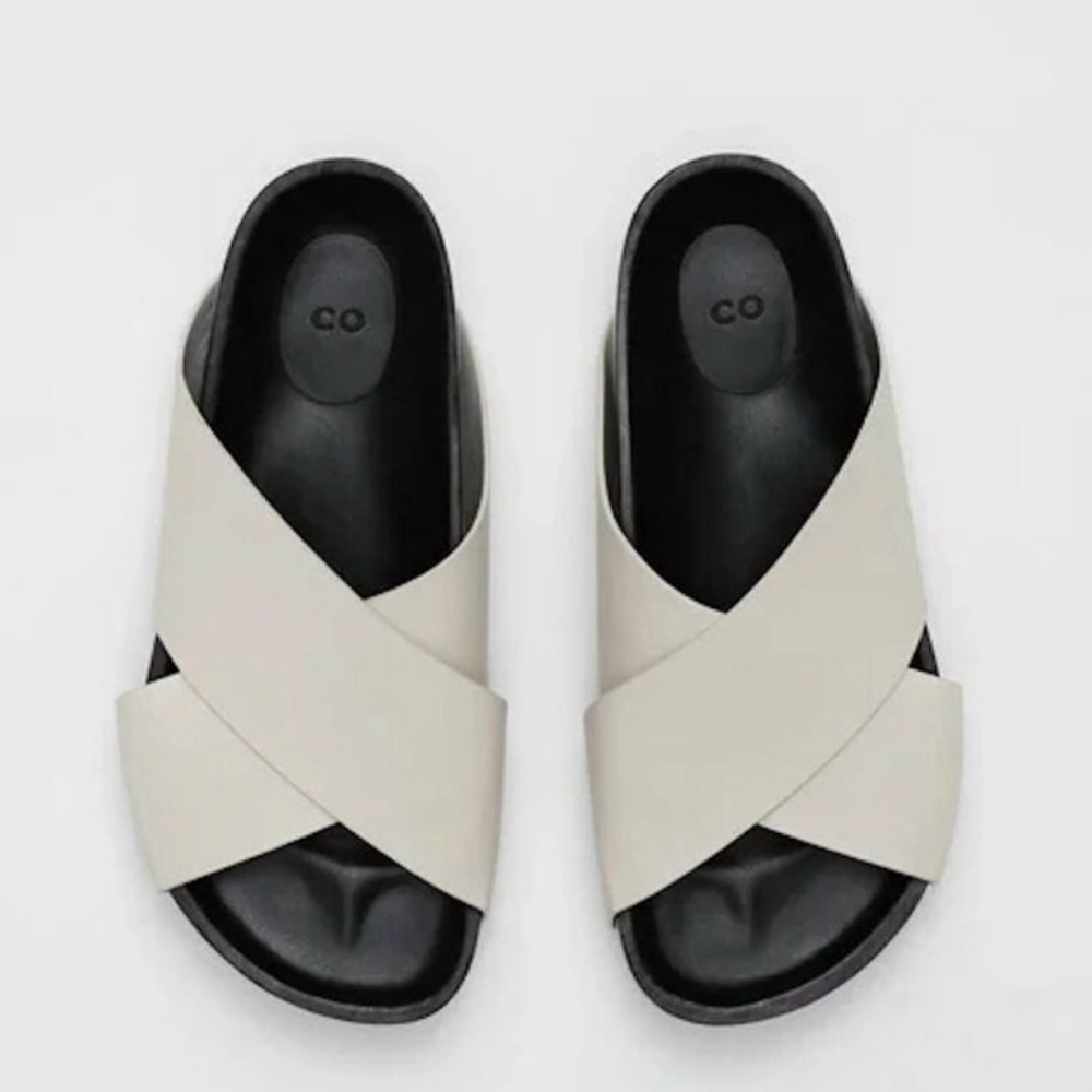 CO White Leather Cross Strap Slides Made in Italy Size 37.5 7-7.5 US